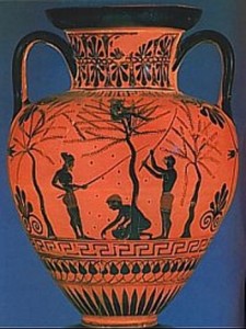 Vasija griega donde se recrea la recogida de la aceituna