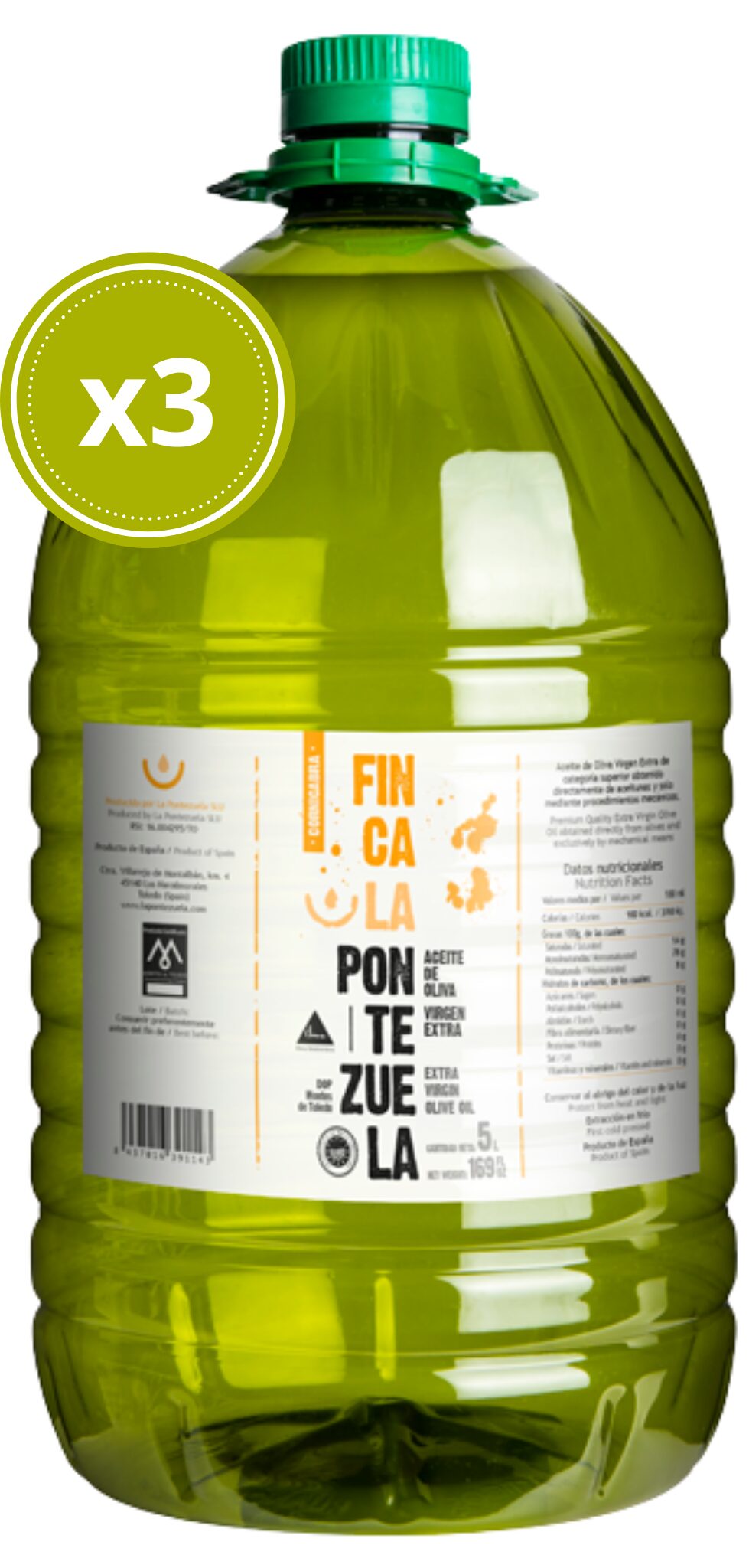 AOVE Finca La Pontezuela Cornicabra DOP Montes de Toledo 3X5L - Comprar Garrafa Aceite de Oliva Virgen Extra
